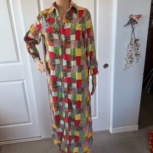 VINTAGE 60s 70s Colorful Patchwork Corduroy Snap Front Housecoat Robe M L hippie